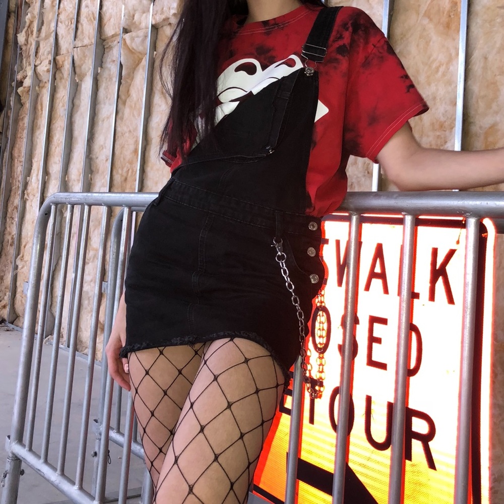 Black denim mini skirt overalls